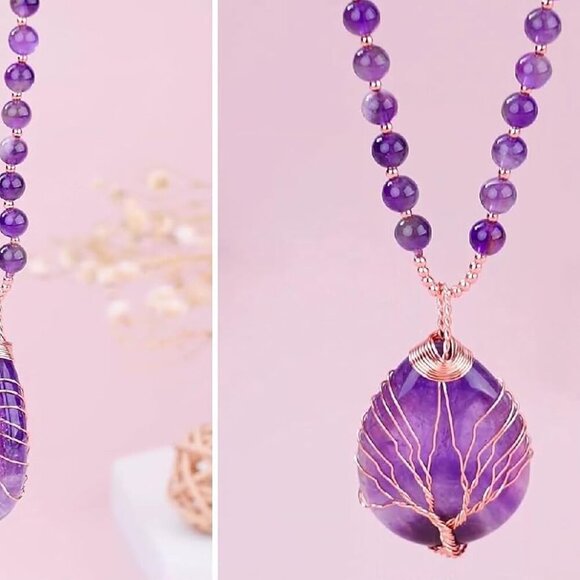 Healing Amethyst Necklace Natural Stone Wire Wrapped Pendant for Meditation - Picture 6 of 9